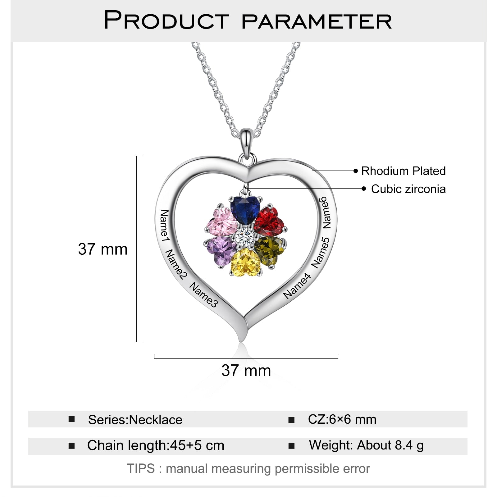 Personalized Heart Name Necklace with 1-8 Engraving Birthstone Pendant