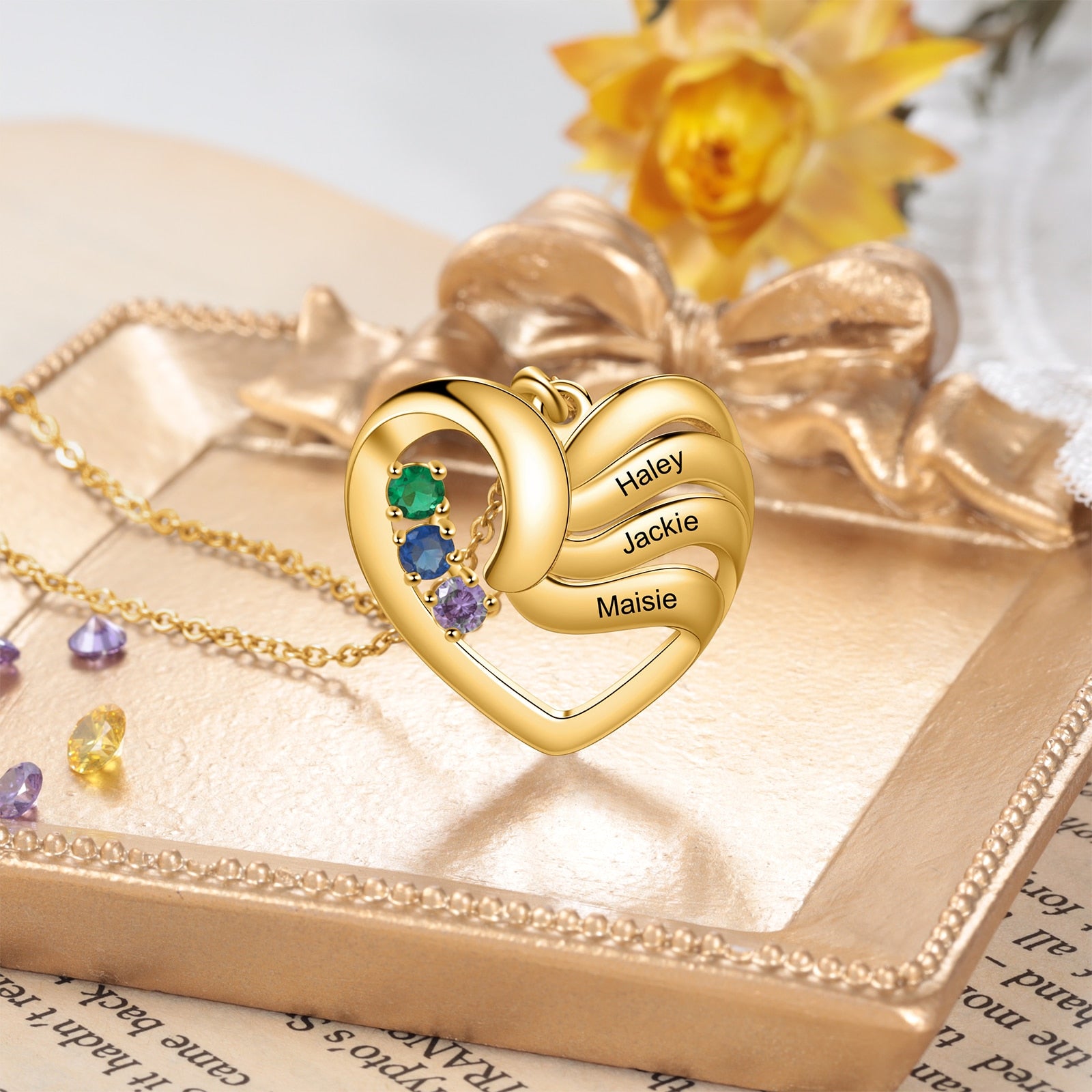 2-5 Names Customized Birthstone Fashion Memorial Heart Necklace