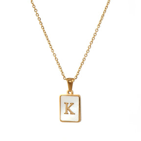 18K Golden Chain Necklaces Male Square Natural Shell Initial Letters Pendant Stainless Steel Jewelry