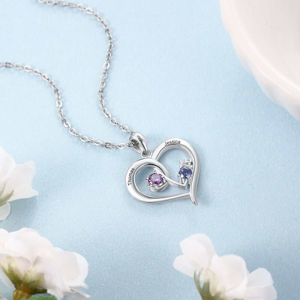 Personalized Heart Necklace with Birthstone Custom Name Engraved Pendant