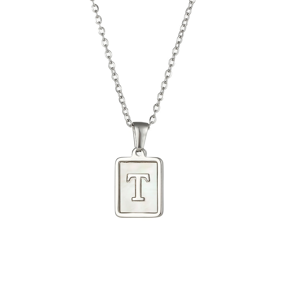 18K Golden Chain Necklaces Male Square Natural Shell Initial Letters Pendant Stainless Steel Jewelry