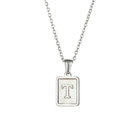 18K Golden Chain Necklaces Male Square Natural Shell Initial Letters Pendant Stainless Steel Jewelry