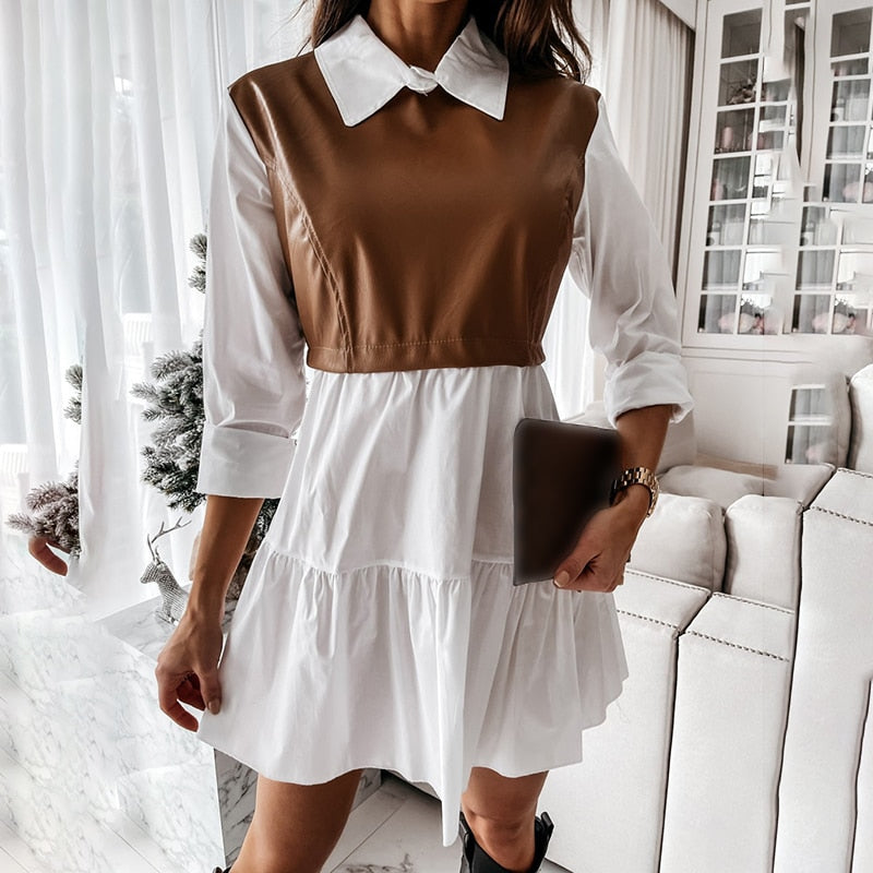 Long Sleeve Mini Shirt Dress For Women White 2022 Spring PU Leather Patchwork Plaid Dresses