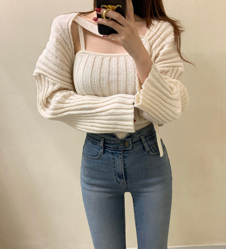 Camisole Knitted Cardigans Women Two Piece Sets 2021 Autumn Sweater Jacket Woman