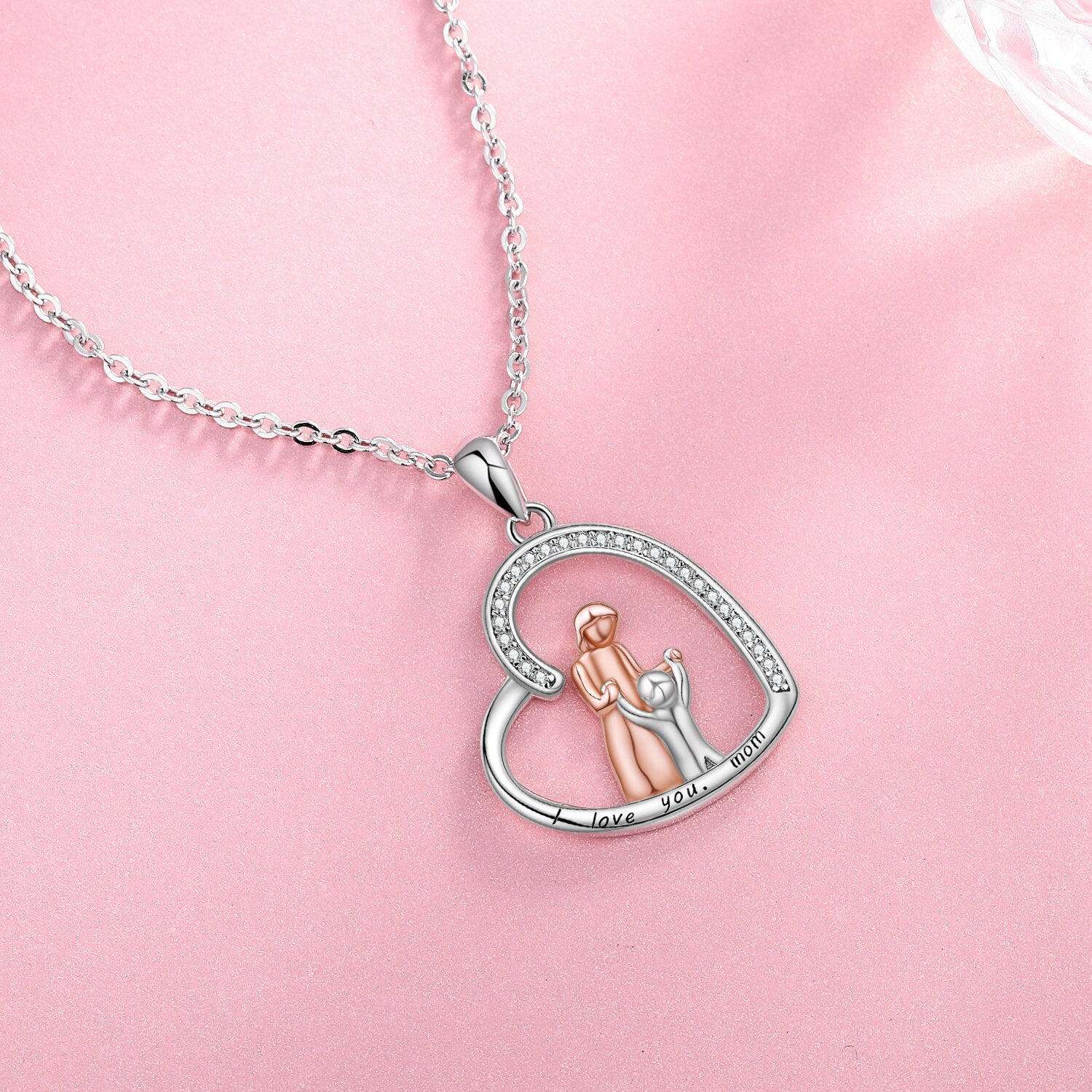 Mom holding Child Heart Pendant Necklace Mother Son Daughter Jewelry Mother's Day