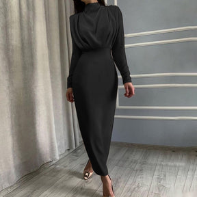 Elegant Women Dress Stand Collar Slim Waist Solid Ankle Length Autumn Long Sleeve Dress