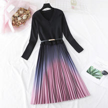 Knitted Patchwork Gradient Print Pleated Dress Long Sleeve Office One-Piece Sweater Dress With Belt