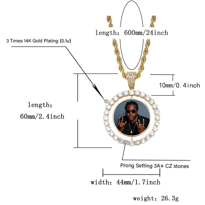 Custom Made Photo Rotating double-sided Medallions Pendant Necklace Men's Hip hop Jewelry