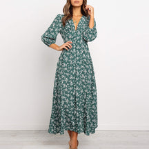 Women Chiffon Long Dress Floral Print Lantern Sleeve A-line Maxi Vestidos Vintage V Neck Dresses