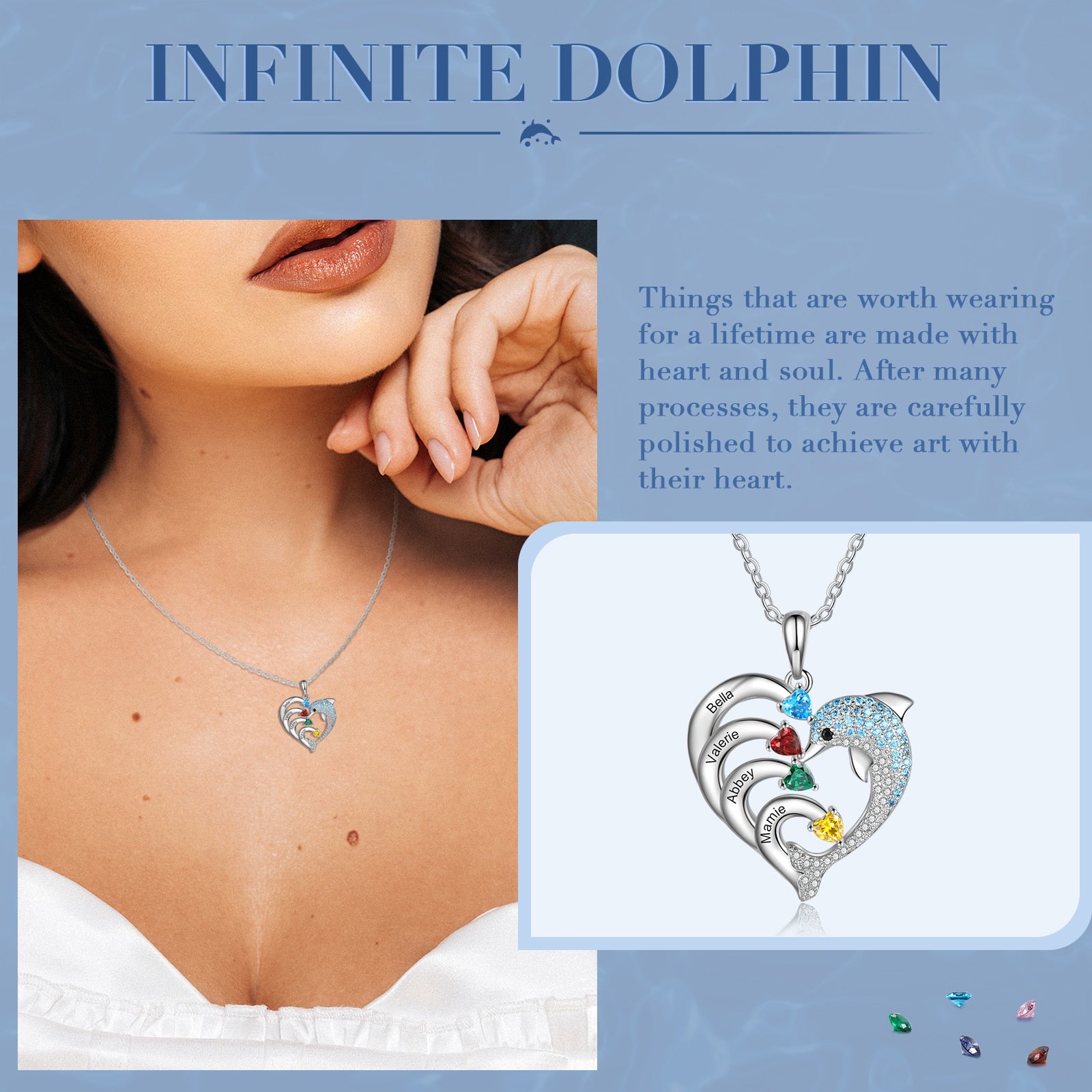 Delicate Dolphin 2-8 Name Necklace Customized Heart Pendant