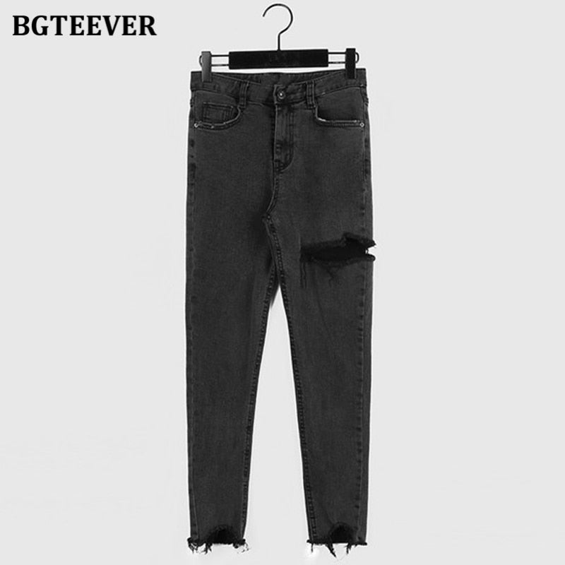 Irregular Ripped Holes Women Pencil Denim Jeans Stylish High Waist Stretched