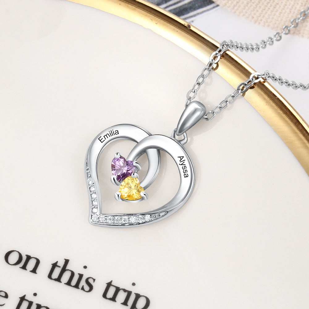 Personalized Heart Necklace with 2 Birthstones Engraved Name Couple Necklace