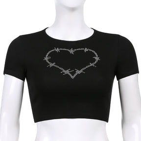 Punk Vintage Strass Spinne Goth Grafik T Shirt Frauen Y2k Stil Crop Top Oansatz T-Shirt