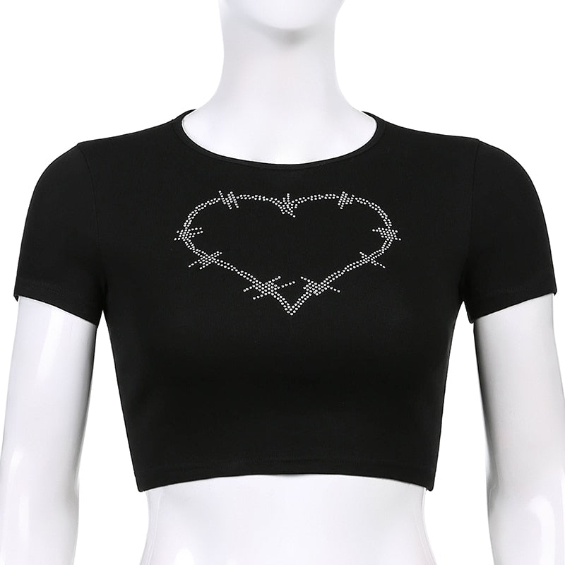 Punk Vintage Rhinestone Spider Goth Graphic T Shirt Women Y2k Style Crop Top O-neck Tshirt