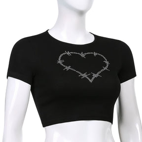 Punk Vintage Strass Spinne Goth Grafik T Shirt Frauen Y2k Stil Crop Top Oansatz T-Shirt