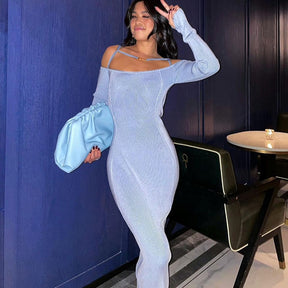 ibbed Solid Slash Neck Slip Long Sleeves Bodycon Mini Dress Streetwear Y2K