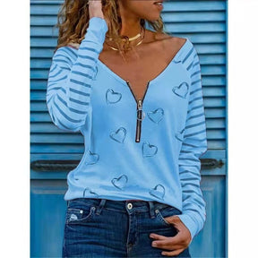 Love Printing T-shirt Sexy V-neck Zipper Neck Long-sleeved T-shirt Casual Loose Pullover Top