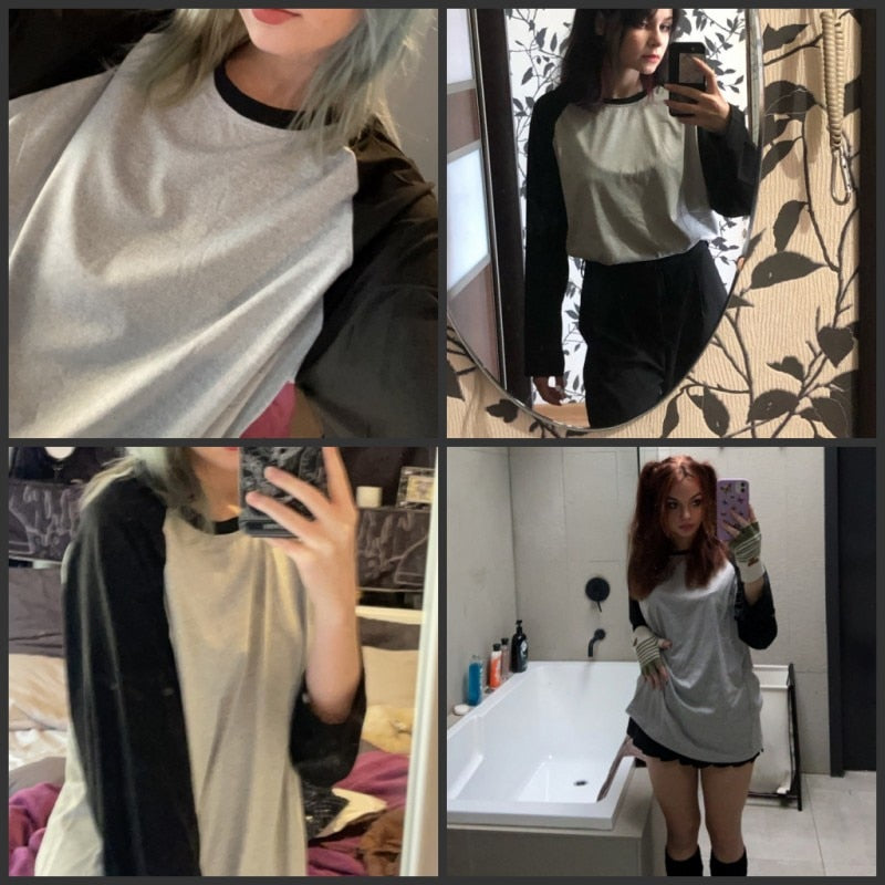 T-shirt da donna T-shirt manica lunga a contrasto colore girocollo T-shirt da donna primaverili