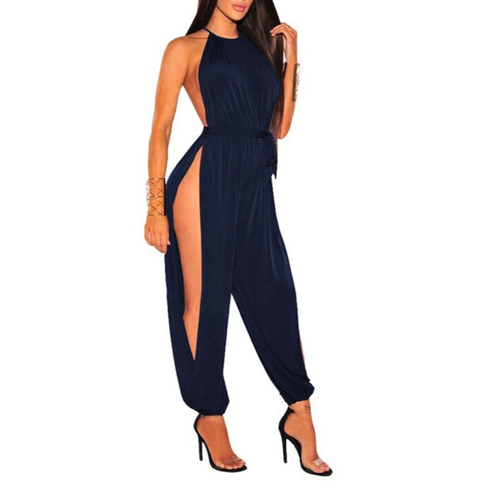 Women Hollow Out Jumpsuit Casual Sleeveless O-Neck Belt Jumpsuit Lace Up Slim Rompers