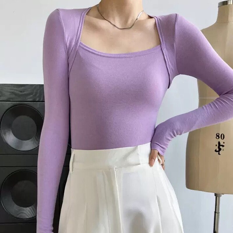 Long Sleeve Tops Women Candy Color Fake Two Piece Skinny T-shirts Female