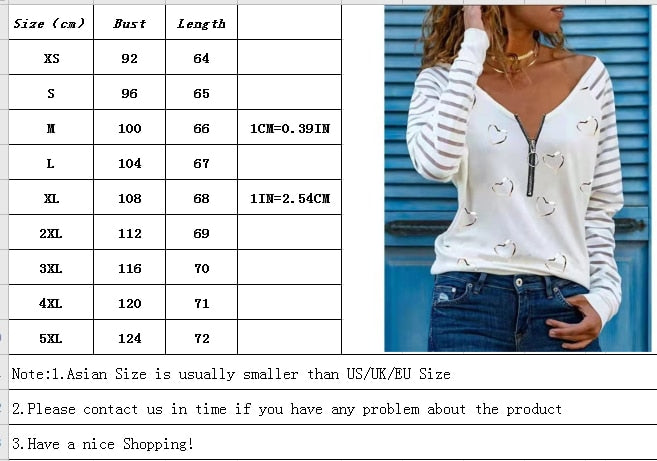 Love Printing T-shirt Sexy V-neck Zipper Neck Long-sleeved T-shirt Casual Loose Pullover Top