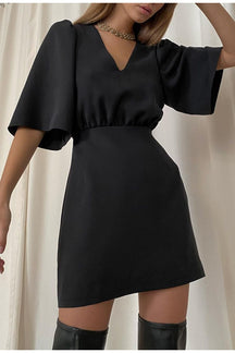 black short sleeve summer women dress 2022 Sexy V-neck solid High Street dress A-line mini Vestido