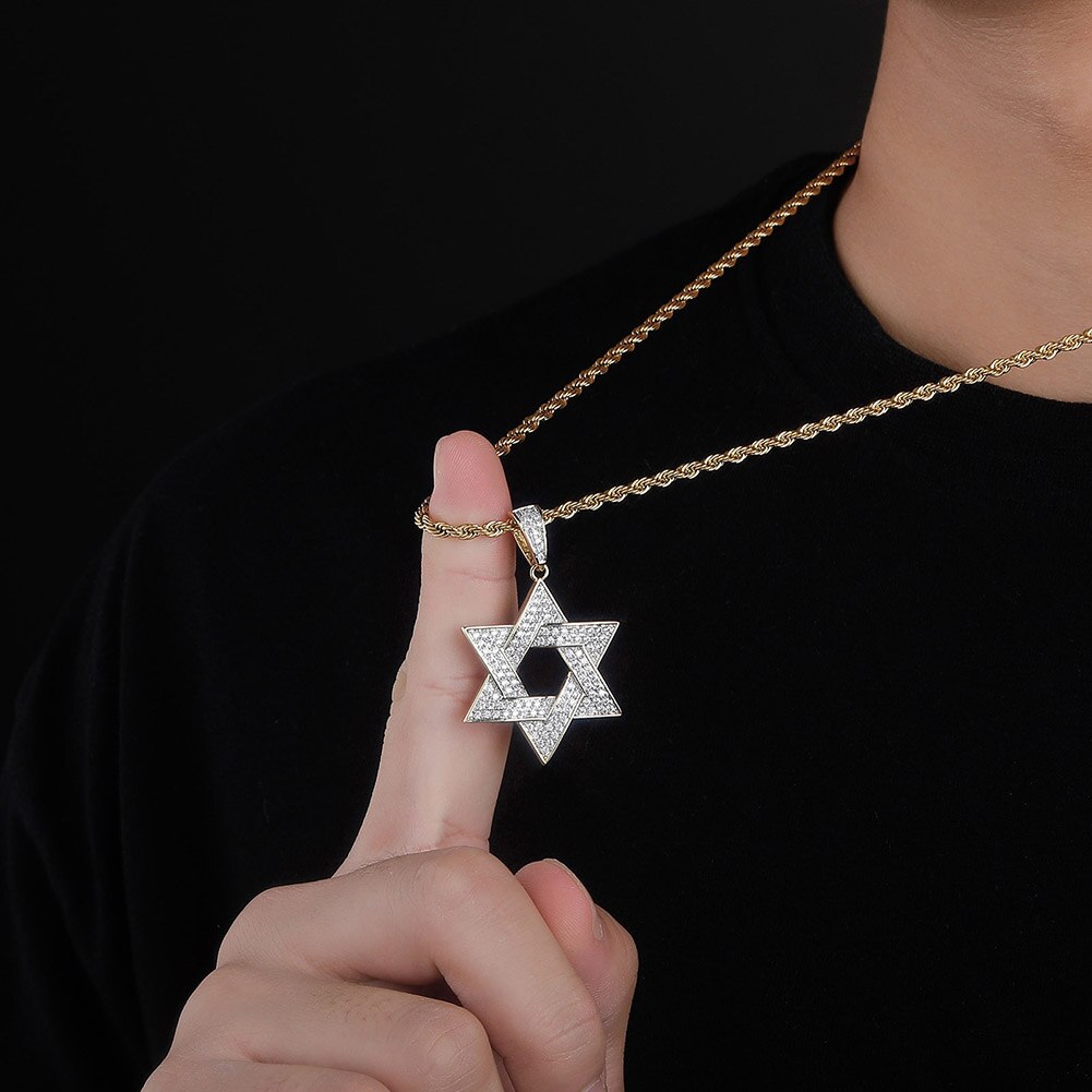 Hip Hop Zirconia Stone Star Of David Pendant Necklaces