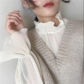 Chiffon Shirts Retro Elegant Ruffled Collar Lace Bottoming Shirt Women Lantern Sleeve Tops