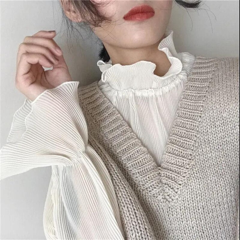 Chiffon Shirts Retro Elegant Ruffled Collar Lace Bottoming Shirt Women Lantern Sleeve Tops