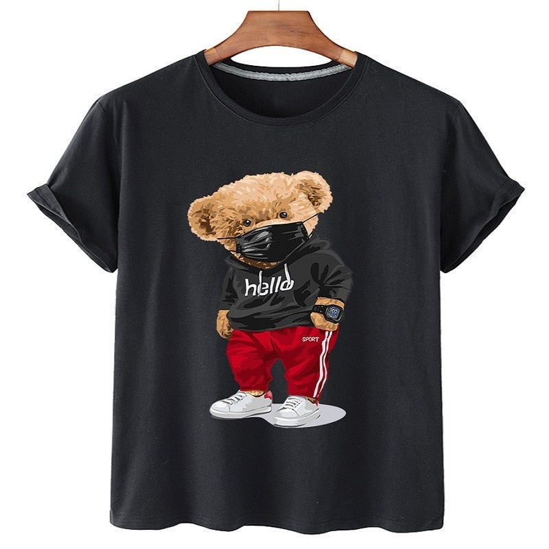 100% Cotton Sports Mask Bear Print Short-sleeved T-shirt Female Half-sleeved Casual Oversized T-shirt