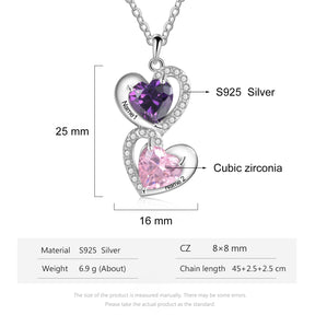 925 Sterling Silver Heart Necklace with 2 Birthstone Cubic Zirconia Custom Name Pendant