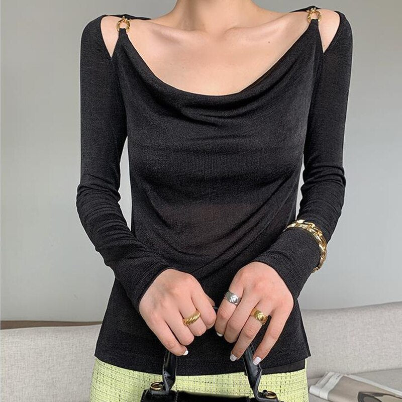 Sexy Swing Collar Cropped Tops Women Autumn  Metal Design Skinny Long Sleeve T-Shirt Outwear