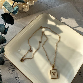 18K Golden Chain Necklaces Male Square Natural Shell Initial Letters Pendant Stainless Steel Jewelry