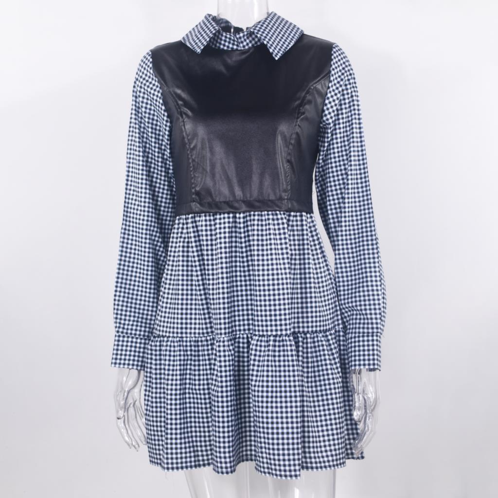 Langarm-Mini-Hemdkleid für Frauen Weiß 2022 Frühlings-PU-Leder-Patchwork-Plaid-Kleider