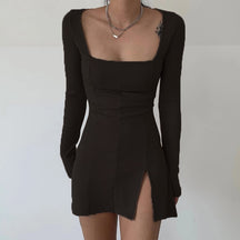 Square Neck Ribbed Black Dress Female Knitted Side Split Bodycon Dress Long Sleeve Mini Dresses