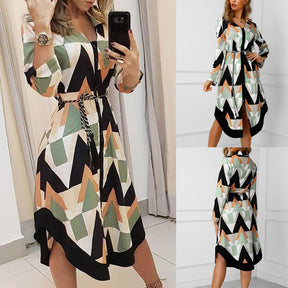 Spring Summer Lady Cover Up Women's Shirt Dress Wave Print Long Sleeve V-Neck Casual Dress Plus Size