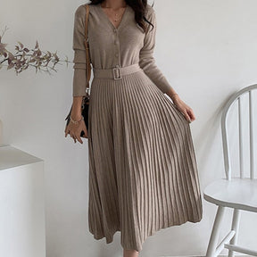 Single-breasted Women Sweater Dress Knitted Belted Female A-line soft dresses