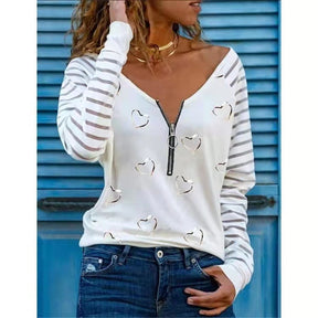 Love Printing T-shirt Sexy V-neck Zipper Neck Long-sleeved T-shirt Casual Loose Pullover Top