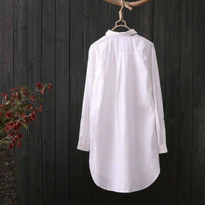 White Shirt Casual Wear Button Up Turn Down Collar Long Sleeve Cotton Blouse Embroidery