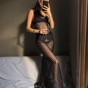 Sleeveless Zip Up Bandage Point Print Mesh See-Through Maxi Dress Sexy Clothings