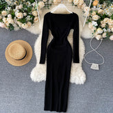 Strapless Ribbed Knitted Bodycon Dress Women Winter Long Sleeve Midi Sweater Dress