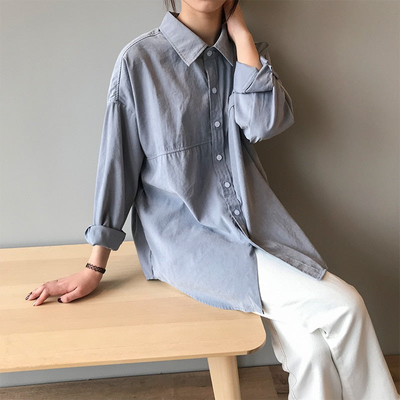 Loose Turn-down Collar Solid Female Shirts Tops Spring Summer Blouses