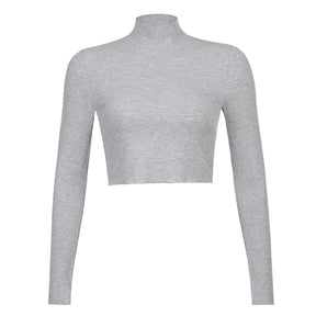 Solid Turtleneck Cropped T Shirt Women Autumn Casual Long Sleeve Ladies Skinny Basic