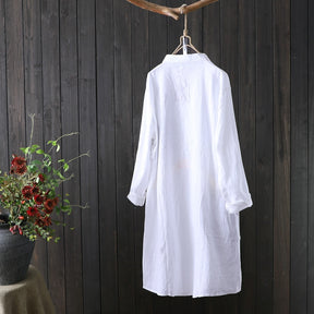 Cotton Shirt Long Sleeve Embroidery Blouse Stand Collar Loose Long Top Office Lady Casual Wear