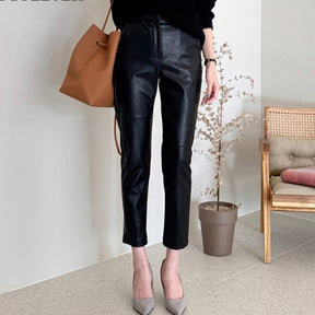 Spliced Loose Leather Pants Women Zipper PU Leather Trousers Women