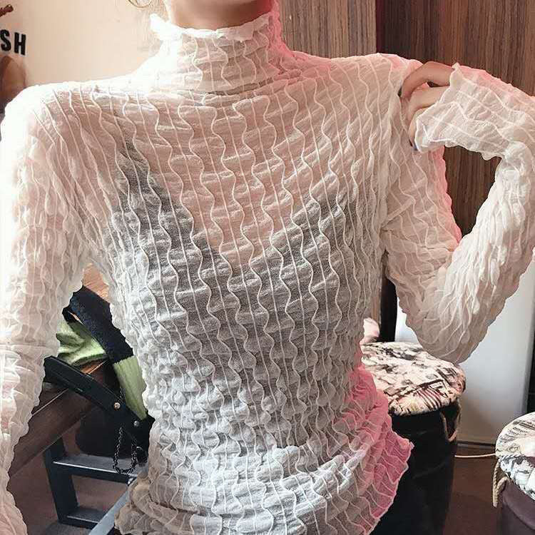 Women Lace Mesh High Collar Bottom T-shirts Female Long Sleeve Casual Style Tight Thin Tops