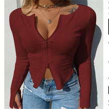 Women T-shirt Ribbed Knitted Long Sleeve Crop Tops Zipper Tee Female Slim