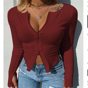 Women T-shirt Ribbed Knitted Long Sleeve Crop Tops Zipper Tee Female Slim