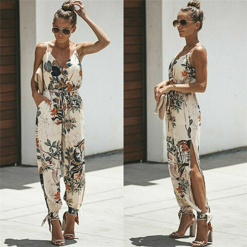 Women Sleeveless Loose Baggy Trousers Solid Romper Jumpsuit Cotton Print Broadcloth