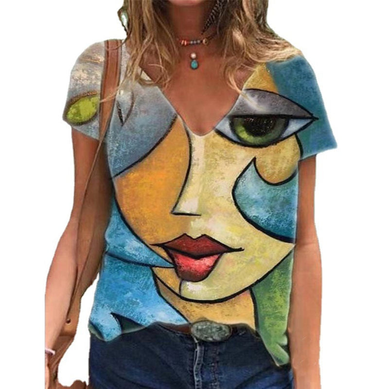 V Neck Tshirt Women's Summer Print Shirt Tops Loose Female Tee Streetwear Short Sleeve Clothes